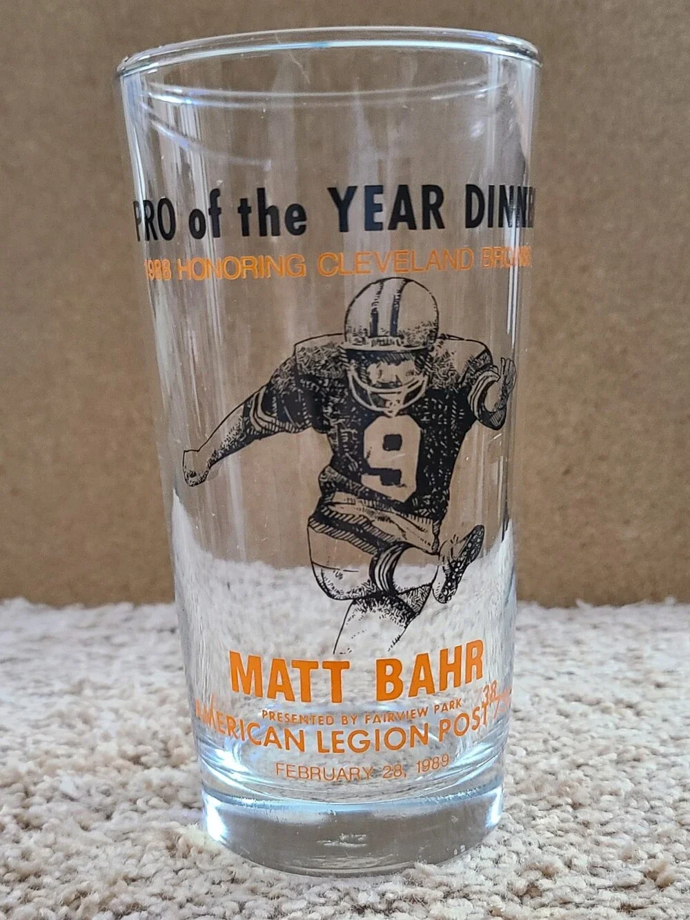 Vintage Matt Bahr Cleveland Browns Pro of the Year Dinner Glass
